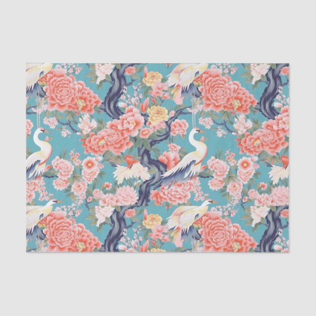 Chinoiserie Teal Floral Egret Tissue Paper (Front)