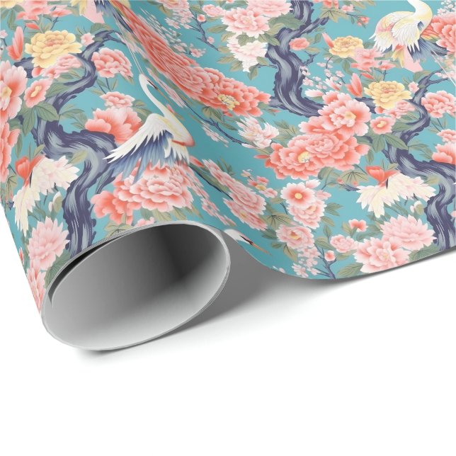 Chinoiserie Teal Floral Egret Wrapping Paper (Roll Corner)