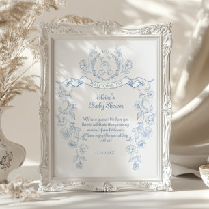 Chinoiserie teddy bear Toile baby shower Welcome Poster