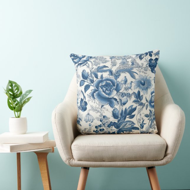 Chinoiserie Toile Blue and White Peonies Floral Cushion (Chair)
