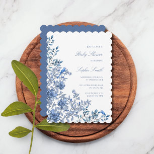 Chinoiserie Toile Blue Delicate Floral Baby Shower Invitation