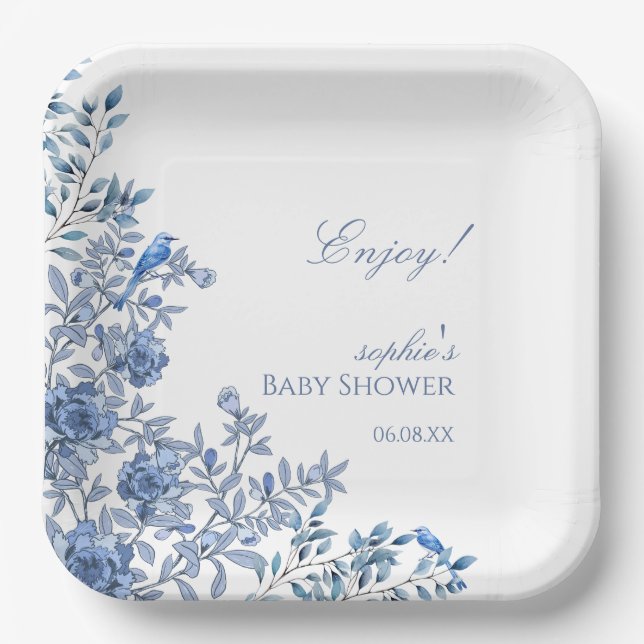 Chinoiserie Toile Blue Floral Baby Shower Paper Plate (Front)