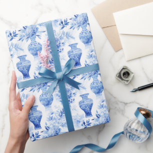 Chinoiserie Toile Blue & White Floral Vases Wrapping Paper