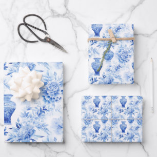 Chinoiserie Toile Blue & White Floral Vases Wrapping Paper Sheet
