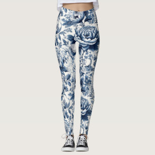 Chinoiserie Toile Blue White Peonies Floral Flower Leggings