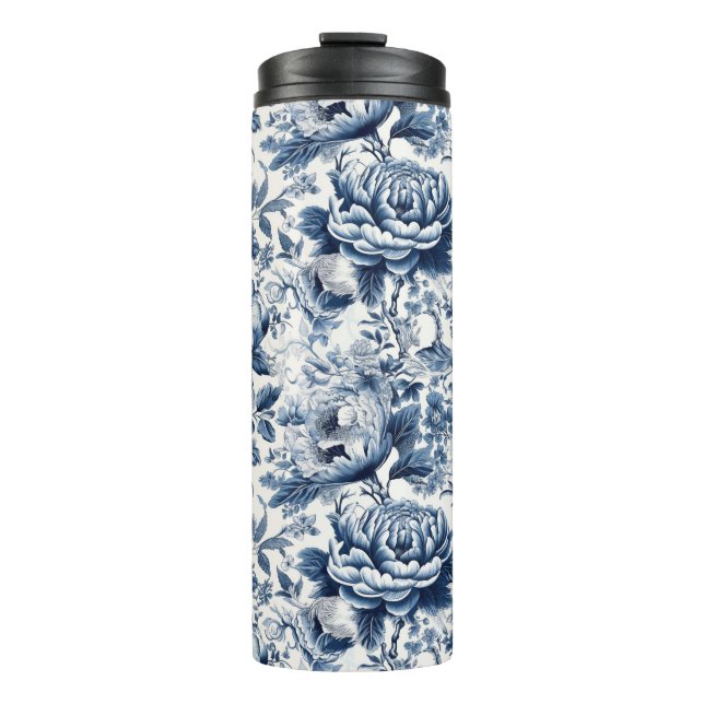 Chinoiserie Toile Blue White Peonies Floral Flower Thermal Tumbler (Front)