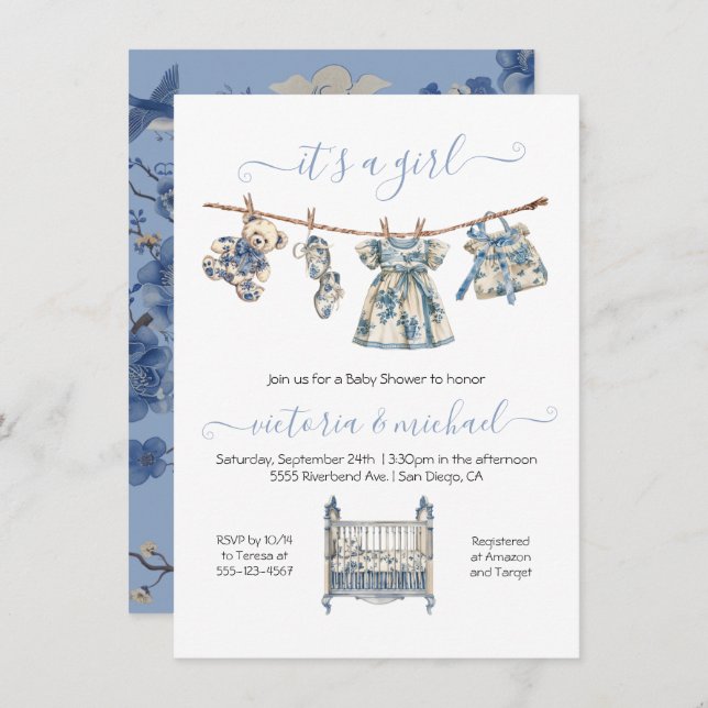 Chinoiserie Toile Clothesline Baby Shower Girl Invitation (Front/Back)