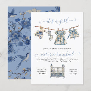 Chinoiserie Toile Clothesline Baby Shower Girl Invitation
