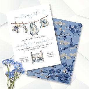 Chinoiserie Toile Clothesline Baby Shower Girl Invitation
