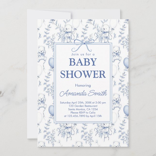 Chinoiserie Toile de Jouy  blue baby shower Invitation (Front)