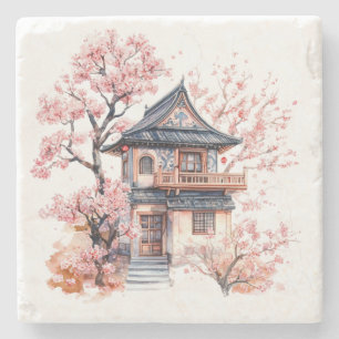 Chinoiserie Toile De Jouy Pagoda Stone Coaster