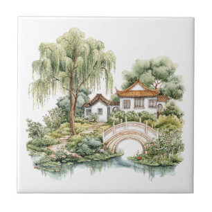 Chinoiserie Toile De Jouy Pagoda Tile