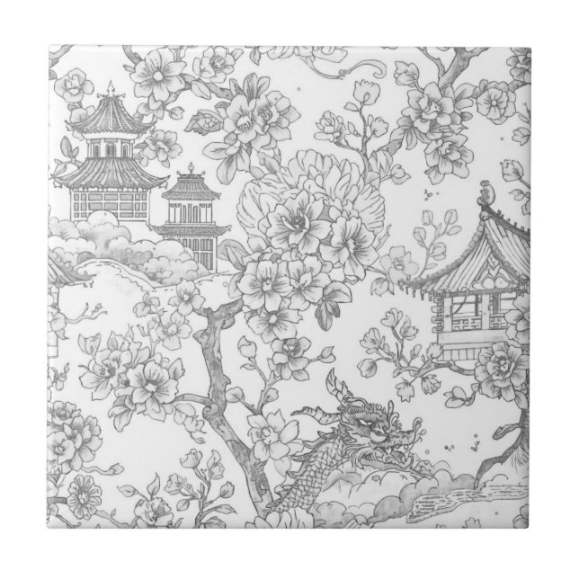 Chinoiserie Toile Dragon Cherry Blossom Ornamental Tile (Front)