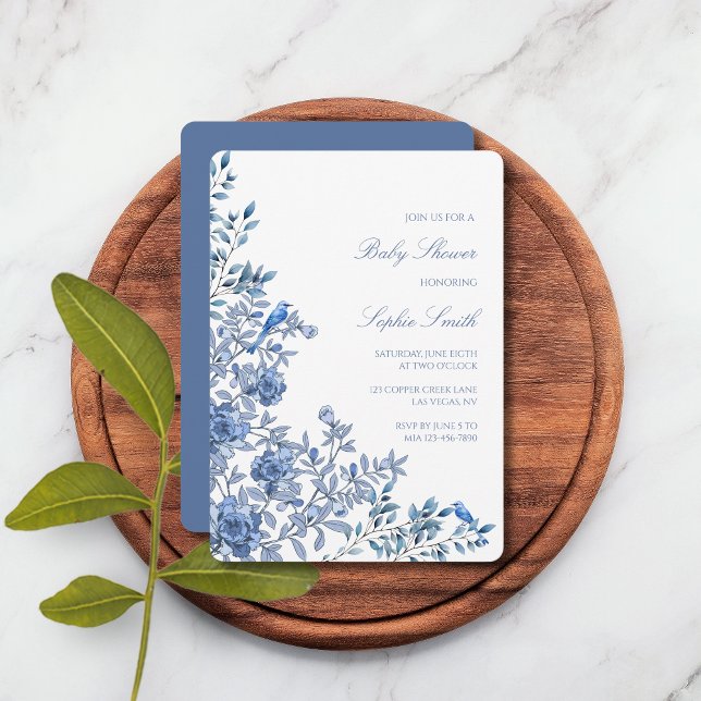 Chinoiserie Toile Dusty Blue Floral Baby Shower Invitation (Creator Uploaded)