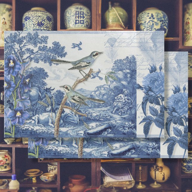 Chinoiserie Toile Floral Blue White Script Collage Tissue Paper (Creator Uploaded)
