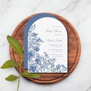Chinoiserie Toile Soft Blue Floral Baby Shower Invitation