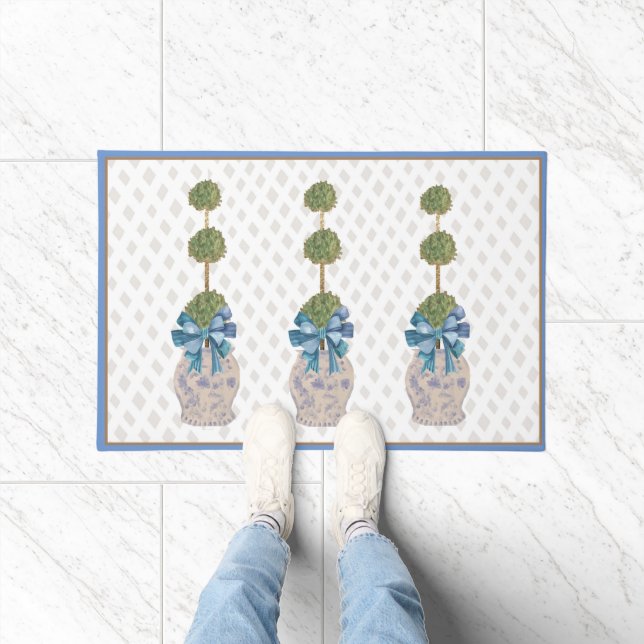 Chinoiserie Topiary Blue White Ginger Jar Doormat (Indoor)