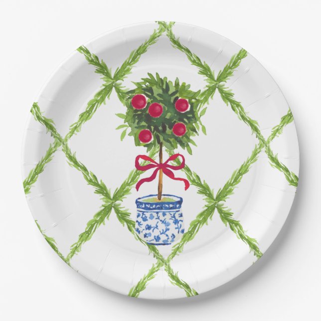 Chinoiserie Topiary, Grandmillenial Holiday Paper Plate (Front)
