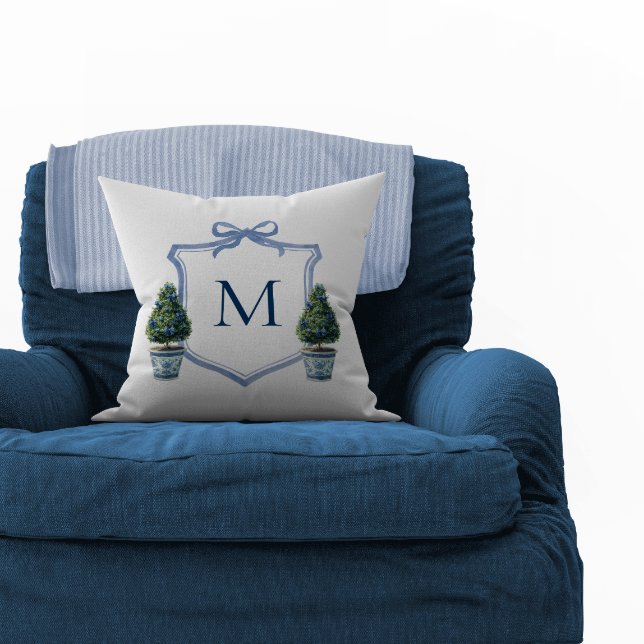 Chinoiserie Topiary Monogrammed Crest Cushion (Topiary Tree Monogram Crest Pillow)