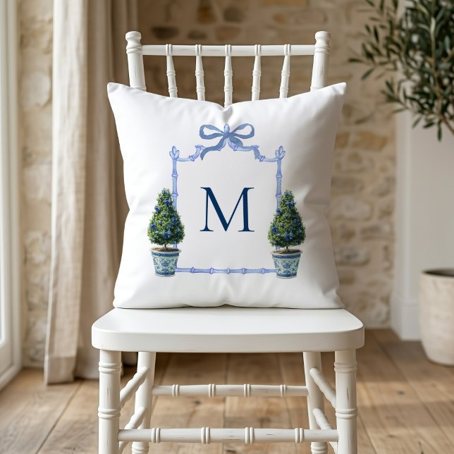 Chinoiserie Topiary Monogrammed Crest Cushion (Topiary Crest Monogram Pillow)