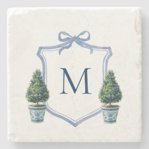 Chinoiserie Topiary Monogrammed Crest Stone Coaster