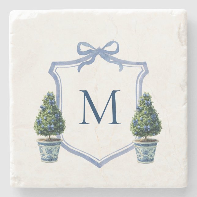 Chinoiserie Topiary Monogrammed Crest Stone Coaster (Front)