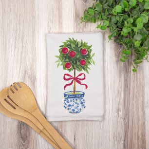 Chinoiserie Topiary Red Bow Tea Towel