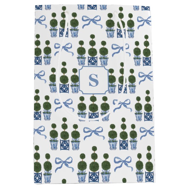 Chinoiserie Topiary Tree Blue Bow Medium Gift Bag (Front)