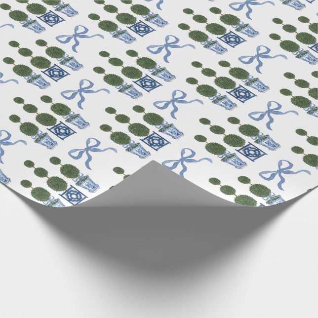 Chinoiserie Topiary Tree Blue Bow Wrapping Paper (Corner)