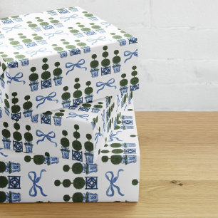 Chinoiserie Topiary Tree Blue Bow Wrapping Paper Sheet