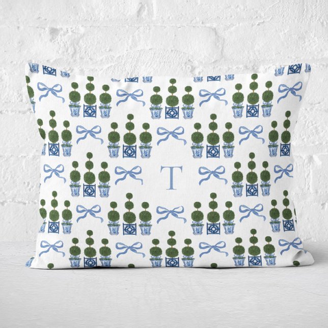 Chinoiserie Topiary Tree Bow Monogrammed Decorative Cushion (Topiary Tree Bow Monogram Lumbar Pillow)
