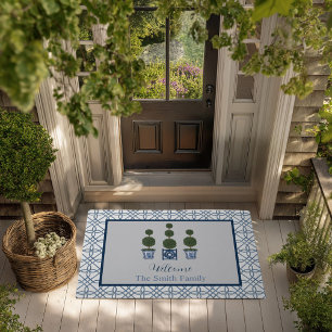 Chinoiserie Topiary Tree Custom Name Welcome Doormat
