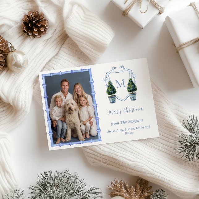 Chinoiserie Topiary Tree Monogram Photo  Holiday Card (Chinoiserie Topiary Tree Holiday Photo Card)