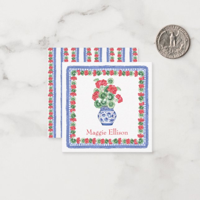 Chinoiserie Vase of Red Geraniums Gift Enclosure Card (Front/Back In Situ)
