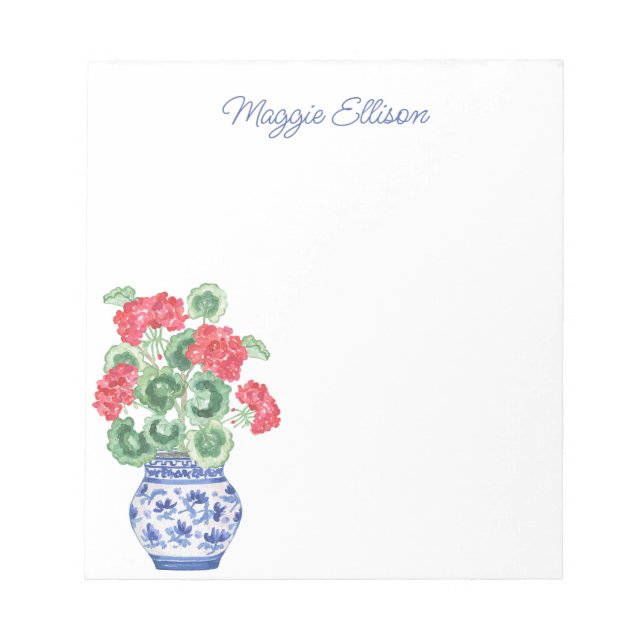 Chinoiserie Vase of Red Geraniums Personalised Notepad (Front)