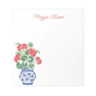 Chinoiserie Vase of Red Geraniums Personalised Notepad