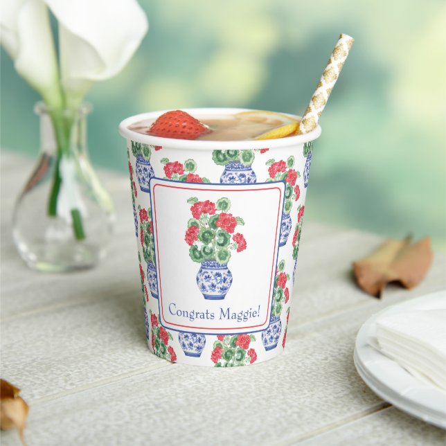 Chinoiserie Vase of Red Geraniums Personalised Paper Cups (Insitu)