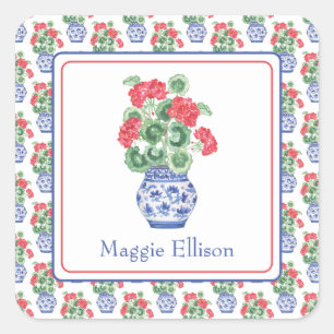 Chinoiserie Vase of Red Geraniums Square Sticker