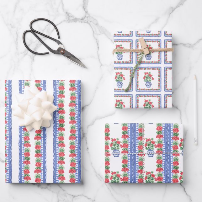 Chinoiserie Vases of Red Geraniums Wrapping Paper Sheet (Front)