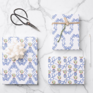 Chinoiserie Vases of Red Strawberries and Blue Bow Wrapping Paper Sheet