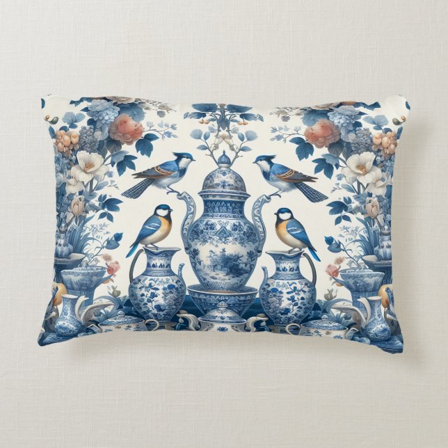 Chinoiserie Vintage Birds & Vases Lumbar Pillow (Back)