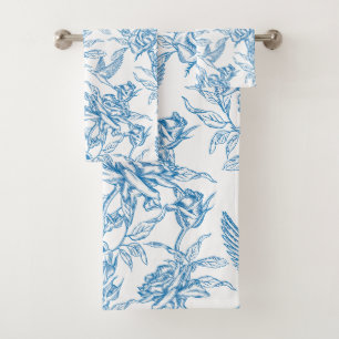 Chinoiserie Vintage Blue Rose Floral Bird Bath Towel Set