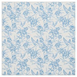 Chinoiserie Vintage Blue Rose Floral Bird Fabric