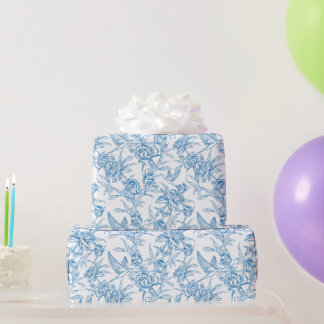 Chinoiserie Vintage Blue Rose Floral Bird Wrapping Paper