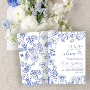 Chinoiserie Vintage Floral Blue Script Baby Shower Invitation