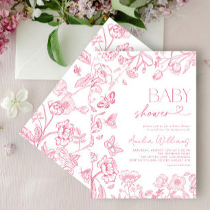 Chinoiserie Vintage Floral Pink Script Baby Shower Invitation