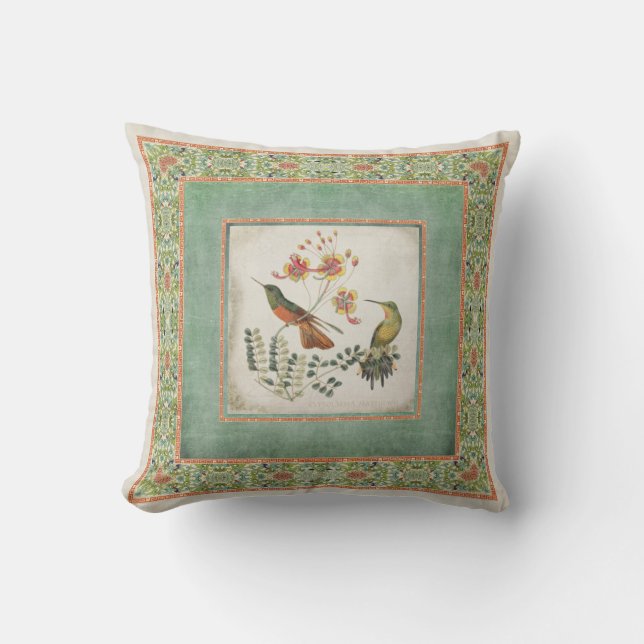 Chinoiserie Vintage Hummingbirds n Flowers Striped Cushion (Front)
