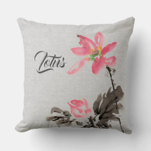 Chinoiserie Vintage Ink Wash Painting Floral Lotus Cushion
