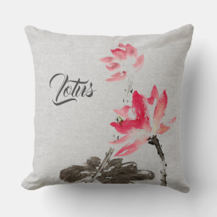 Chinoiserie Vintage Ink Wash Painting Floral Lotus Cushion