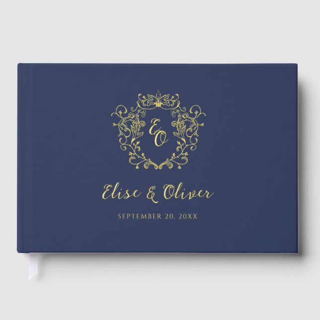 Chinoiserie Vintage Monogram Crest Foil Wedding Guest Book (Front)